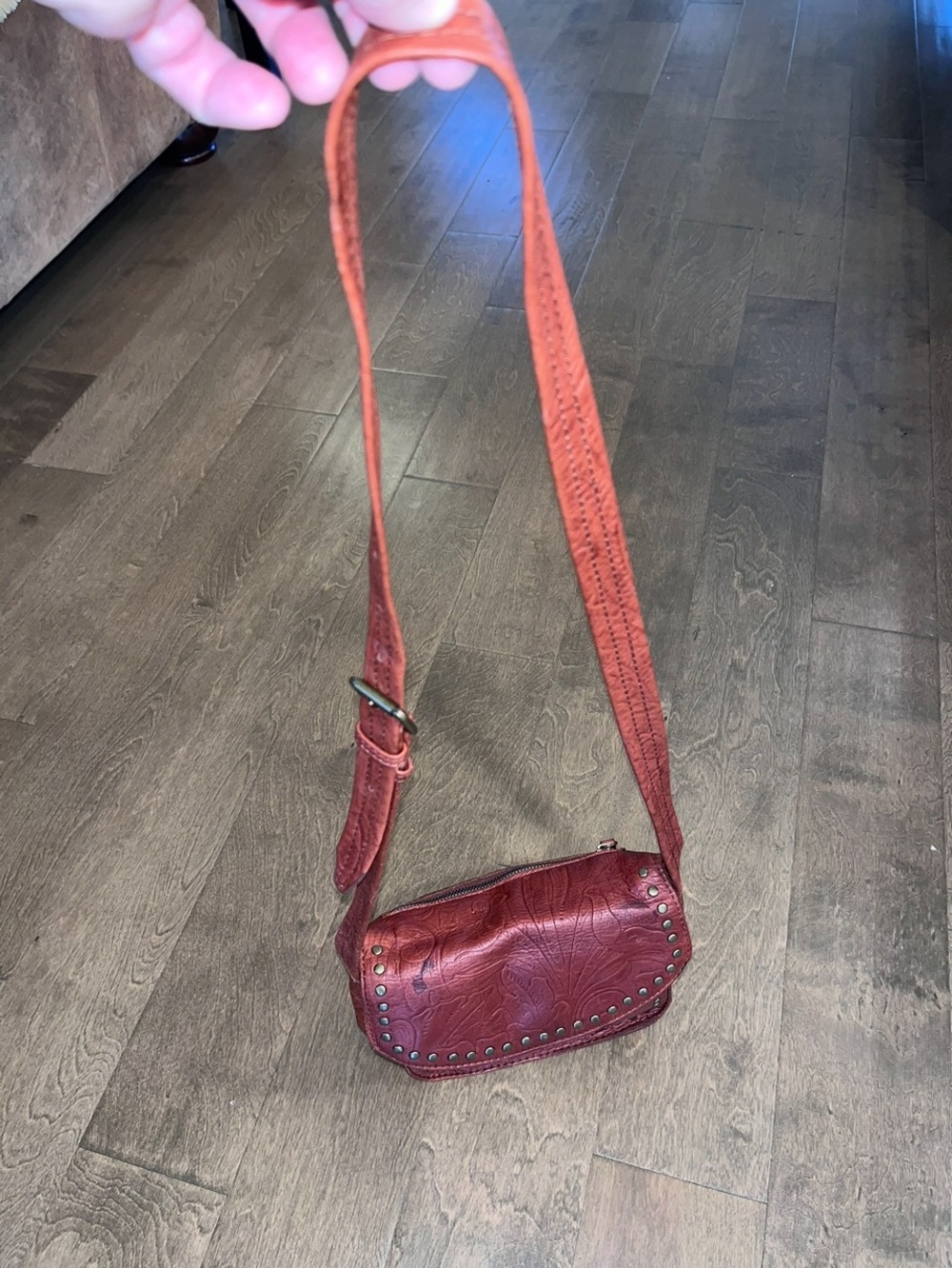 American Leather Company: Tooled Leather Floral Pattern Crossbody (mark see pic)